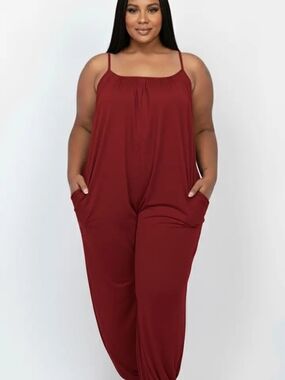 Plus-Size Burgundy Sleeveless Jumpsuit